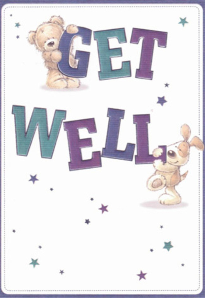 This get well card brims with cheerful reassurance, portrayed through the inviting presence of a honey-brown bear and its devoted companion, a velvety-eared puppy. Together, they frame a bold arrangement of purple and aqua letters that spell out 'Get Well', the palette reflecting both the vibrancy of fresh Brockley blooms and the calming atmosphere found in gardens along Lewisham Way. Playful starbursts drift around the characters, each shape reminiscent of wildflowers in Ladywell Fields-carrying wishes of quick healing and unwavering support. The bear's coat and the puppy's downy fur are rendered with such imagined softness, they seem to promise a comforting hug. Clean white space lets every element sparkle, much as a newly arranged bouquet brightens a home. The text's dynamic shape and friendly colours evoke a sense of optimism and courage, transforming the card's message into a heartfelt gesture. As a local florist accustomed to assembling fragrant, cheerful posies for those in need of comfort, I see in this artwork the same thoughtful intention: every detail designed to encourage and lift the spirits of Brockley neighbours, whatever their age.
